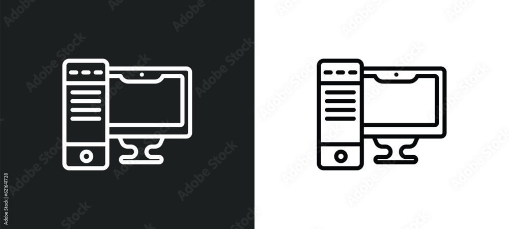 Poster computer tower and the monitor outline icon in white and black colors. computer tower and the monito