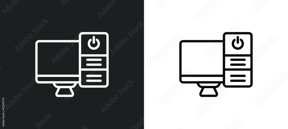 Poster computer tower and monitor outline icon in white and black colors. computer tower and monitor flat v