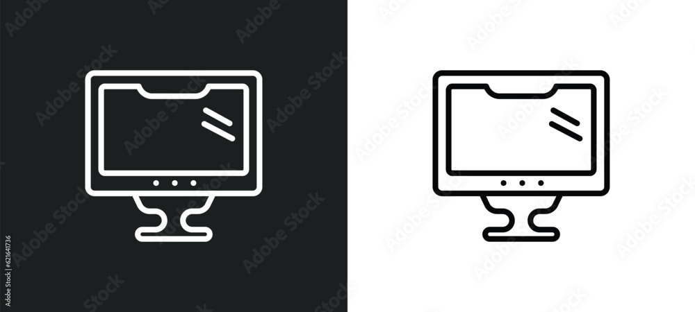 Poster computer and monitor outline icon in white and black colors. computer and monitor flat vector icon f