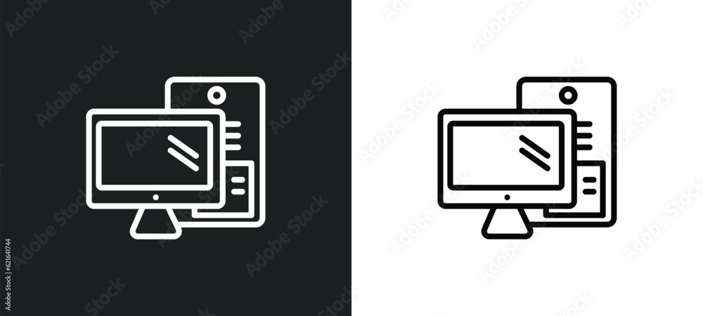 Poster pc with monitor outline icon in white and black colors. pc with monitor flat vector icon from comput