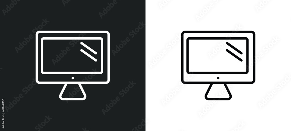 Poster pc computer with monitor outline icon in white and black colors. pc computer with monitor flat vecto