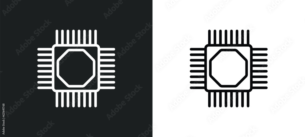 Poster computer micro chip outline icon in white and black colors. computer micro chip flat vector icon fro