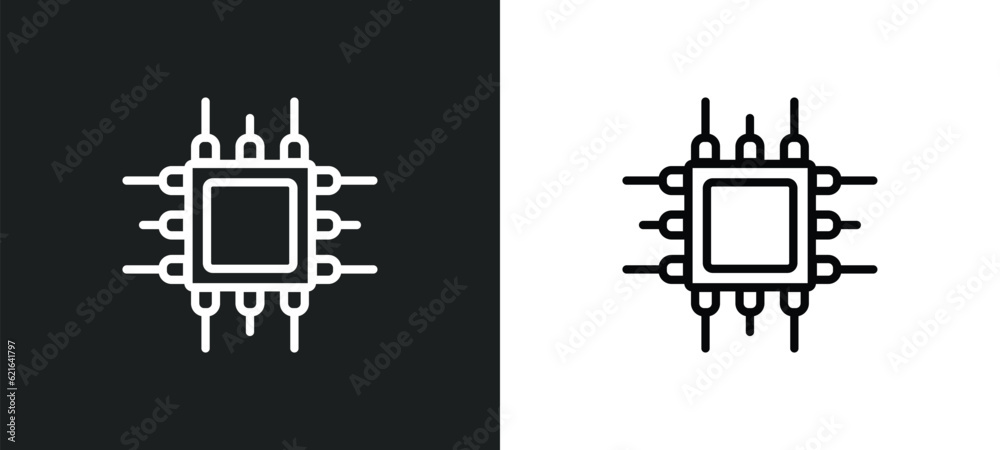 Poster computer chip outline icon in white and black colors. computer chip flat vector icon from computer c