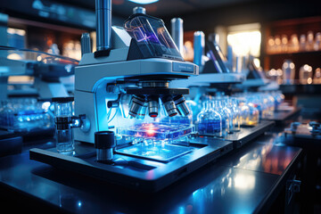 Close-up photo of laboratory equipment featuring an optical microscope. Microscopes are essential tools for conducting experiments and educational. Generative Ai.