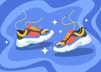 Athletic sneakers art. Pair fashion sneaker for run fitness trainer, sport shoe healthy marathon banner design authentic footwear basketball