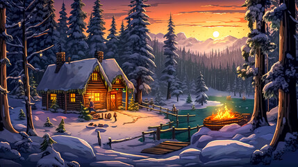 wooden log cabin in the winter fairytale forest at night, Christmas time, made with Generative AI