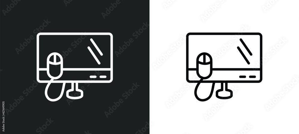 Poster monitor and computer mouse outline icon in white and black colors. monitor and computer mouse flat v
