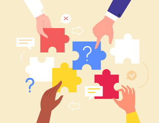 Hands jigsaw solution. People cartoon hand hold connected puzzle piece combination together, search solved mosaic best science team, employee teamwork concept vector illustration - obrazy, fototapety, plakaty