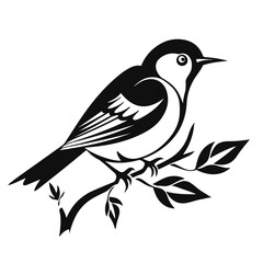 A small bird sits on a branch. Monochrome vector drawing isolated on white background