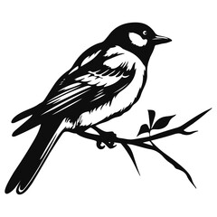 A small bird sits on a branch. Monochrome vector drawing isolated on white background