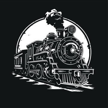 recommend clip art: Old steam locomotive on rails. Vector logo isolated on white background