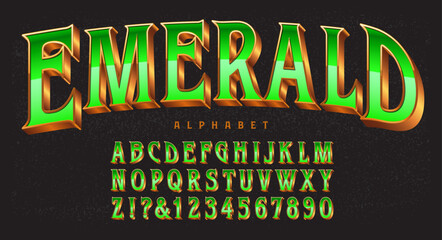 An elegant 3d lettering alphabet with the effect of emerald jewel in a gold metallic setting