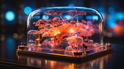 Brain neural network in a glass transparent ball. Connections of neurons in the human brain, for medical or educational purposes. Research on the human brain in the laboratory. Generative AI
