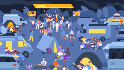 Night open air festival. Dance crowd people pop rock outdoor fest, nightlife park concert guitar musical band evening stage singer show outside party splendid vector illustration