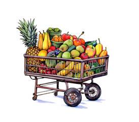 shopping trolley full of fruits and vegetables on a white background. watercolor drawing style.Generative AI