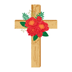 Isolated Baptism cross. Floral wooden cross. Vector illustration. - obrazy, fototapety, plakaty