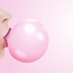 Girl blowing gum. Realistic woman mouth blow bubble gums, chewing lips and pink bubblegum bubbles 3d popping inflated ball balloon, glamour fashion poster exact vector illustration