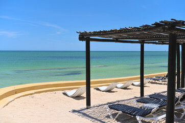 View of the horizon from tropical beach at luxury hotel resort (Merida, Mexico)