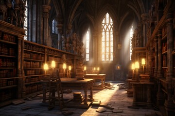 Fototapeta premium medieval library, gothic reading room interior with desks, old mysterious castle, fictional interior created with generative ai