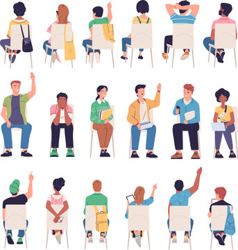Sitting students back view. People sit on chairs rear and front side, backside man or woman student in seminar behind audience of lecture course workshop classy vector illustration