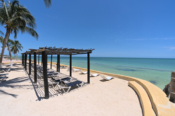 View of the sand beach from luxury resort in Merida, Mexico - obrazy, fototapety, plakaty