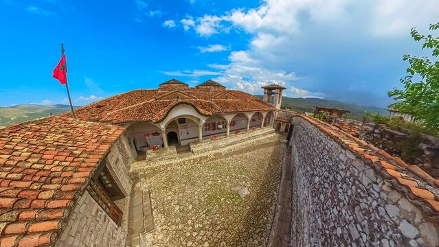 Aerial view on Cloister of the Onufri Iconographic Museum of Berat. A renowned cultural institution located within the Cathedral of St. Mary in citadel of Berat Castle of Berat in Albania