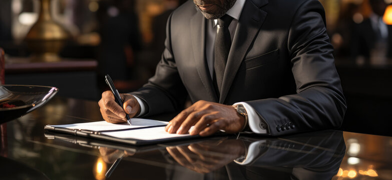 A business professional dressed in a black suit signs a contract document using a digital tablet, symbolizing the culmination of a significant deal. Generative Ai.