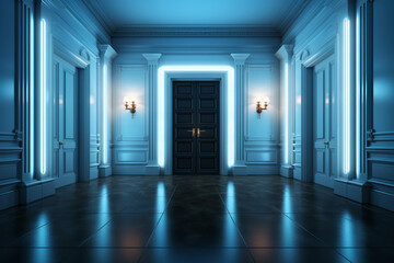 Enigmatic doorway, Illuminated white door casts luminous glow in dark, 3D-rendered room Generative AI