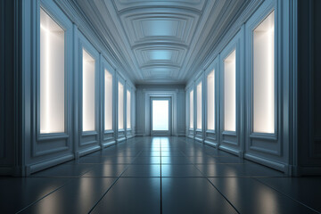 Illuminated passage, Radiant light shines through white door into abstract, dimly lit room Generative AI