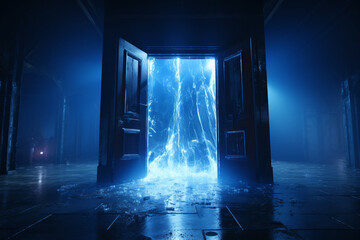 Luminous portal, Light spills from open doorway, casting an ethereal glow in dark room Generative AI