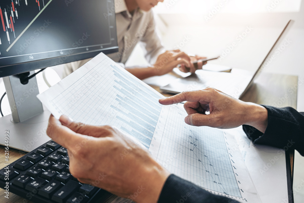 Poster business team two colleagues working with computer, discussing a