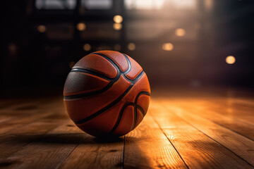Basketball resting on top of a wooden floor, bathed in darkness, evoking a sense of anticipation and excitement. Generative Ai, Ai.