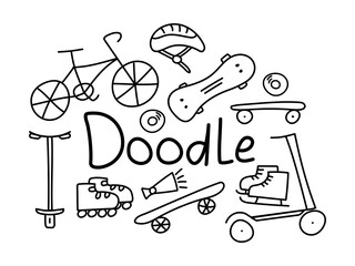 Doodle city transport transport set. Sports and recreation. Bicycle and scooter. Skate and rollers. Skates. Exercise stress. Security - helmet and bell. Riding, travel. Vector illustration.