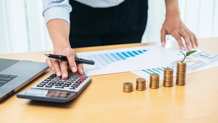 Asian business woman using calculator to calculate profit from c