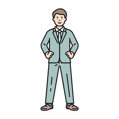 腰に手を当てて堂々とした自信に溢れる男性のビジネスパーソンのイメージイラスト素材