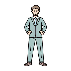 腰に手を当てて堂々とした自信に溢れる男性のビジネスパーソンのイメージイラスト素材
