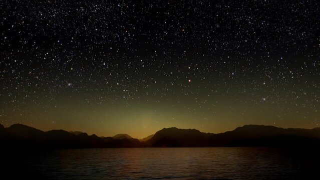 a night sea with a view of mountains and starry sky