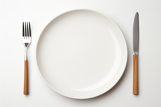 Intermittent Fasting for Weight Loss and Crisis Management: A White Plate with Fork and Spoon on Ketogenic Diet during Recession, Post COVID-19 Pandemic in Restaurants and Cafes. Generative AI