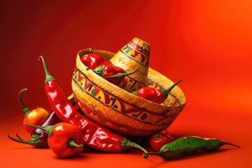 Fototapeta premium straw plate with red and green hot chili peppers on a bright background. Generative AI