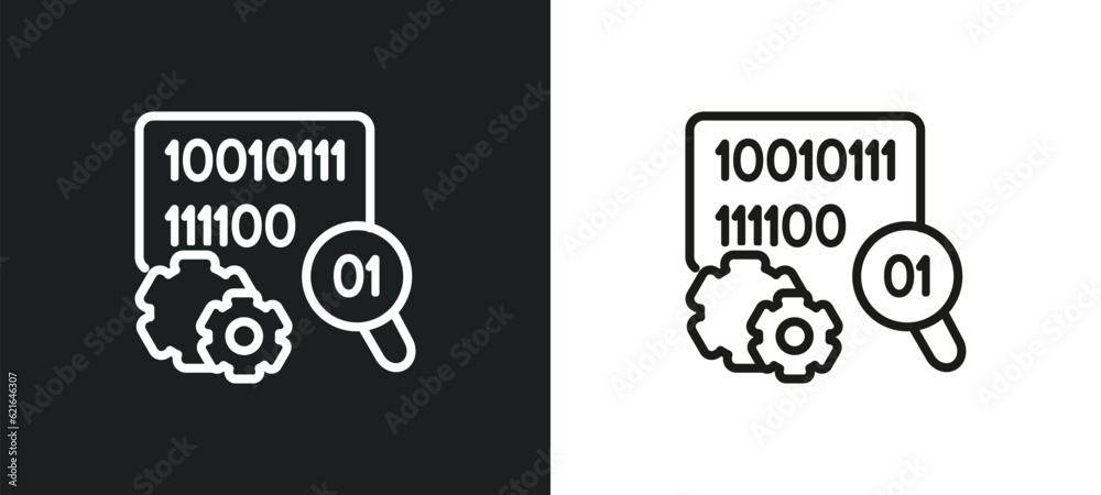 Poster binary data search outline icon in white and black colors. binary data search flat vector icon from 