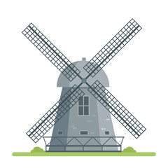 Stone windmill. Traditional farm building for grinding wheat grains to flour. Dutch or netherland wind Mill. Vector illustration icon isolated on white background.