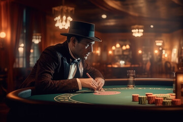 A croupier is seen behind a gambling table in a casino, overseeing the game. Generative Ai, Ai.