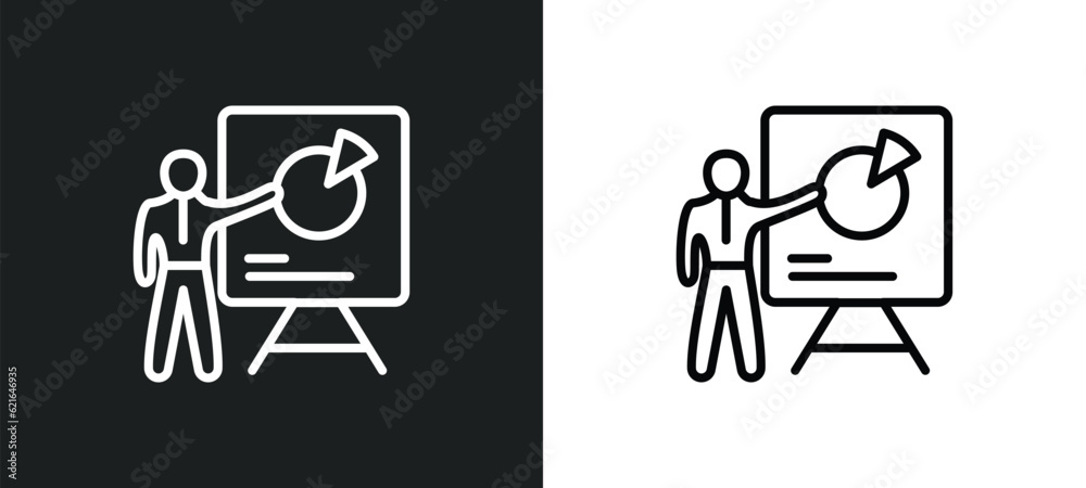 Poster person in data analytics presentation with a graphic on a screen outline icon in white and black col