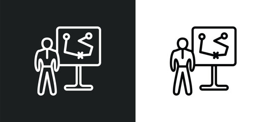Fototapeta premium person explaining strategy on a board with a sketch outline icon in white and black colors. person explaining strategy on a board with sketch flat vector icon from business collection for web,