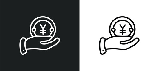 yen coin on hands outline icon in white and black colors. yen coin on hands flat vector icon from business collection for web, mobile apps and ui.