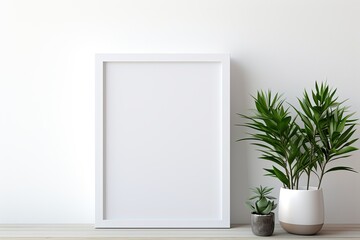 White Frame Mockup Hanging on Wall with Window Light and Shadow. Minimalist Empty Square Picture Frame Isolated on White Background: Generative AI