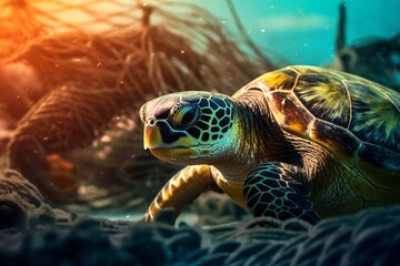 Fototapeta premium A sea turtle tangled in discarded fishing nets, serving as a reminder of the harmful effects of ghost fishing gear on marine life. Generative Ai