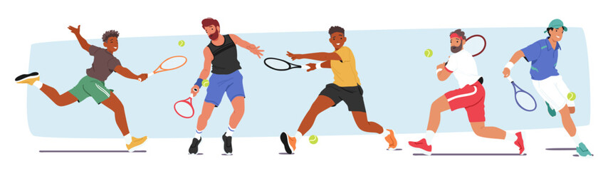 Men Compete Fiercely On Tennis Court, Displaying Agility, Skill, And Strategic Prowess. Male Characters Serves