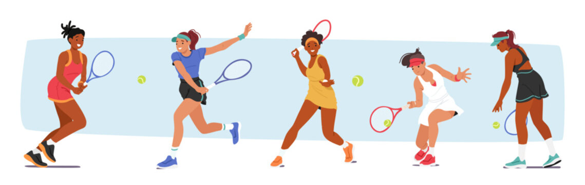Women Characters Play Tennis, Displaying Remarkable Athleticism And Skill. They Compete Fiercely On Court