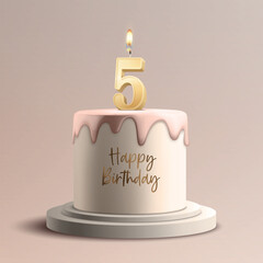 Five Years. Vector Birthday Anniversary Sweet Cake. Greeting Card, Banner with 3d Realistic Burning Golden Birthday Party Candle, Number, Flame. Icon Design Template for Birthday Concept. Front View